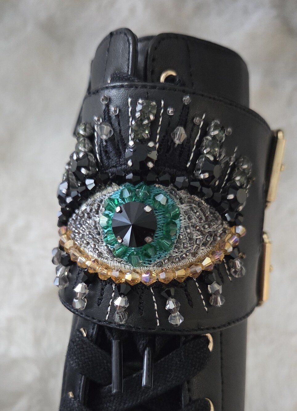 Kurt Geiger Black Lace-Up Combat Boots with Green Jewel Eye Embellishment - Picture 4 of 7